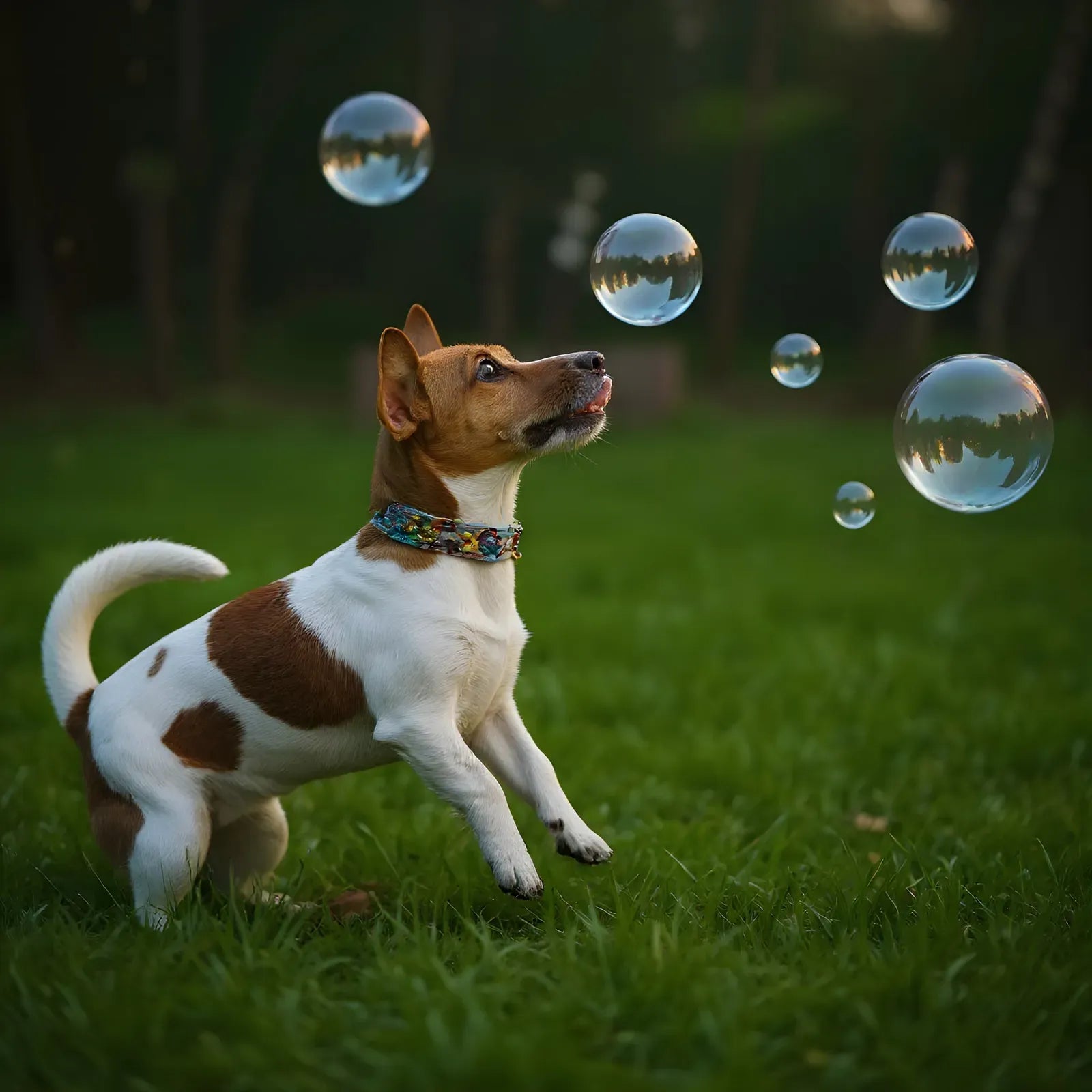 A terrier chasing bubbles, graded as fine art