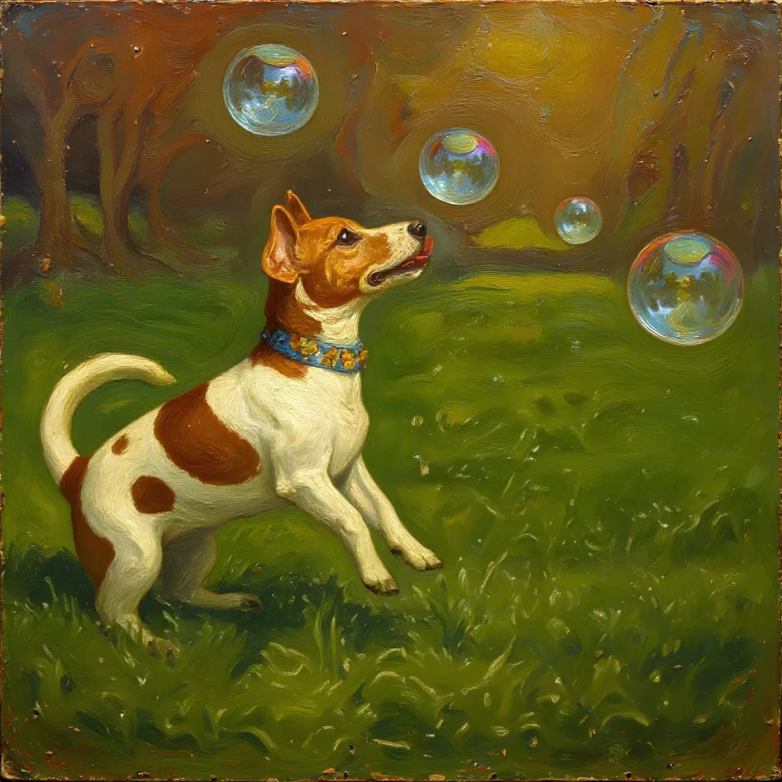 A terrier chasing bubbles, painted in oils